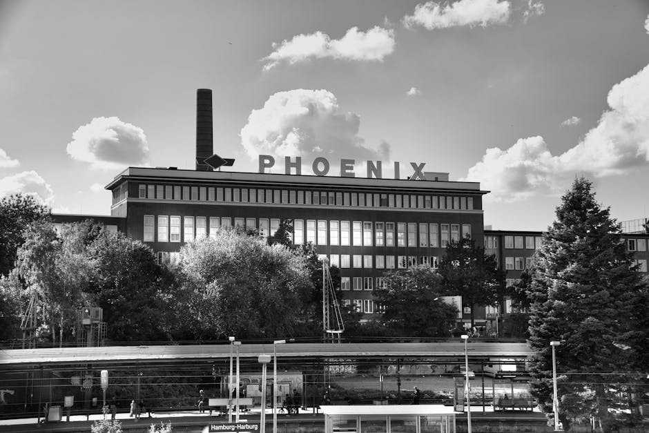 pexels-photo-13752582-13752582 Grayscale photo of the Phoenix building in Hamburg with clouds above and trees nearby.